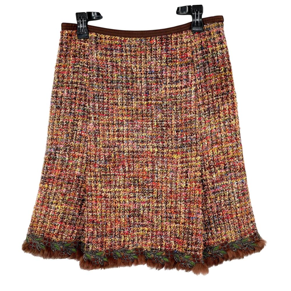 Cynthia Steffe Skirt Womens 8 Brown Gold Tweed Fringe Hem Lined Mohair Alpaca